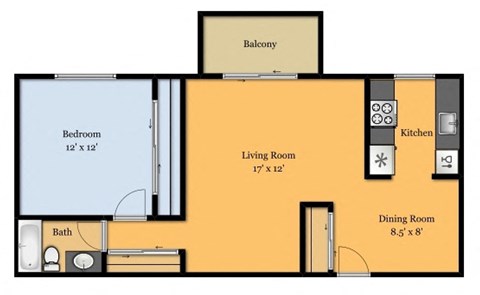 Floor plan for 1 bed, 1 bath, 720 sqft